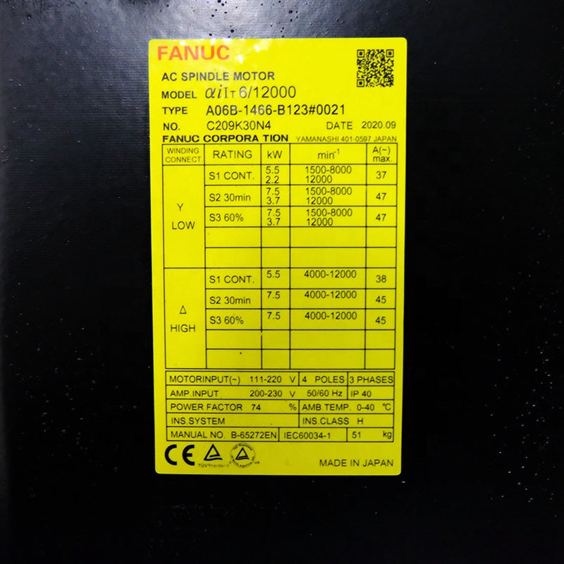 New in Stock CNC AC Servo Motor Ai6/12000 Spindle Motor A06B-1466-B123 A06B-1466-B123#0021 Fanuc